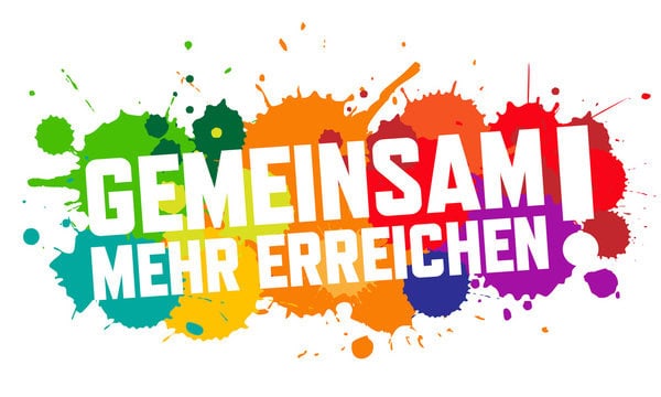 Kreatives Teamwork-Symbol mit bunten Farbspritzern für Zusammenarbeit im Beruf.