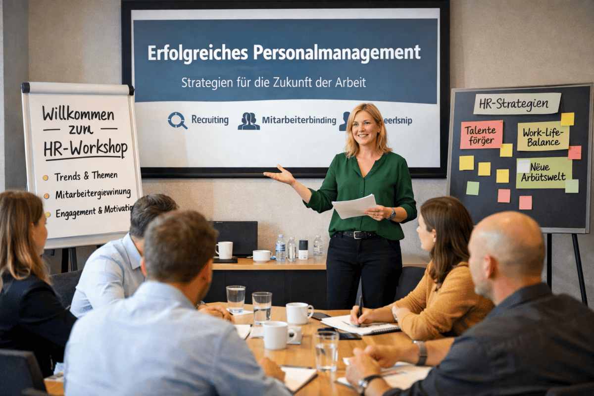 Frau präsentiert Personalmanagement-Strategien bei Workshop zur Digitalisierung und HR-Strategie.