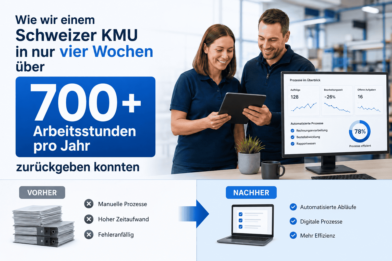 Zwei Personen analysieren digitale Prozessstatistiken im Büro