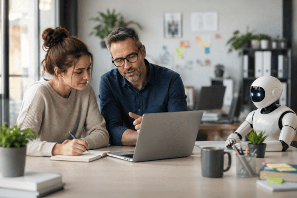 Teamarbeit mit Laptop und kleinem Roboter im Büro