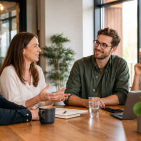 Vier Personen im Büro bei Besprechung am Tisch