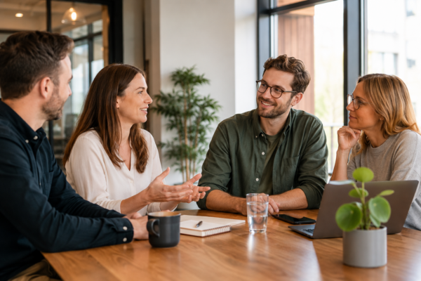 Vier Personen im Büro bei Besprechung am Tisch