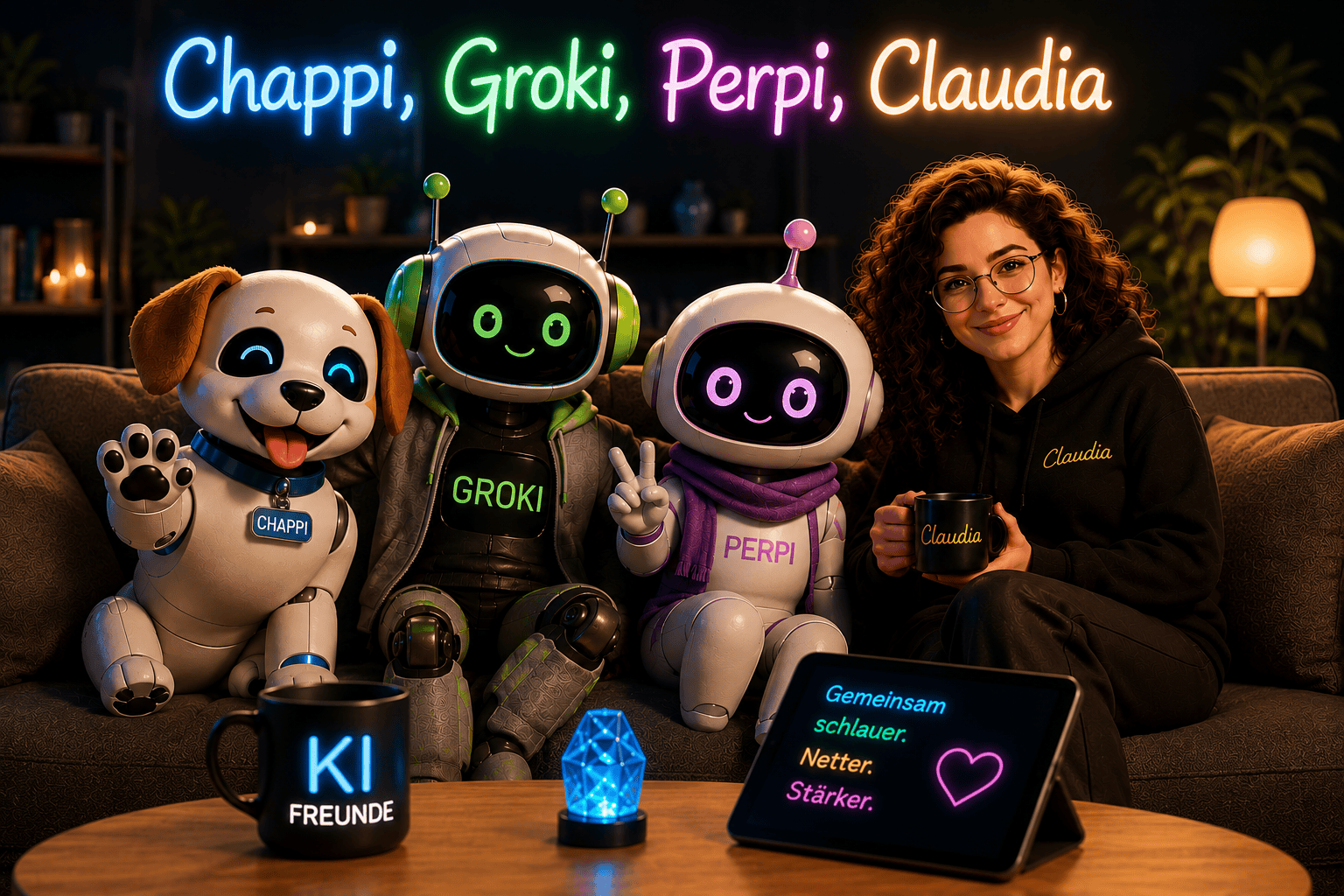 Frau mit drei Robotern und Hund in gemütlichem Raum bei Nacht.