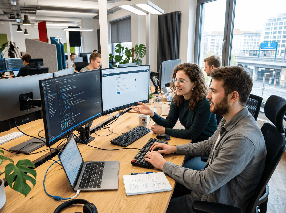 Entwicklerin und Entwickler bei der Arbeit am Bildschirm