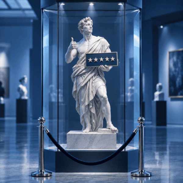 Statue eines Kunden in einer Museumsvitrine mit Fünf-Sterne-Tafel
