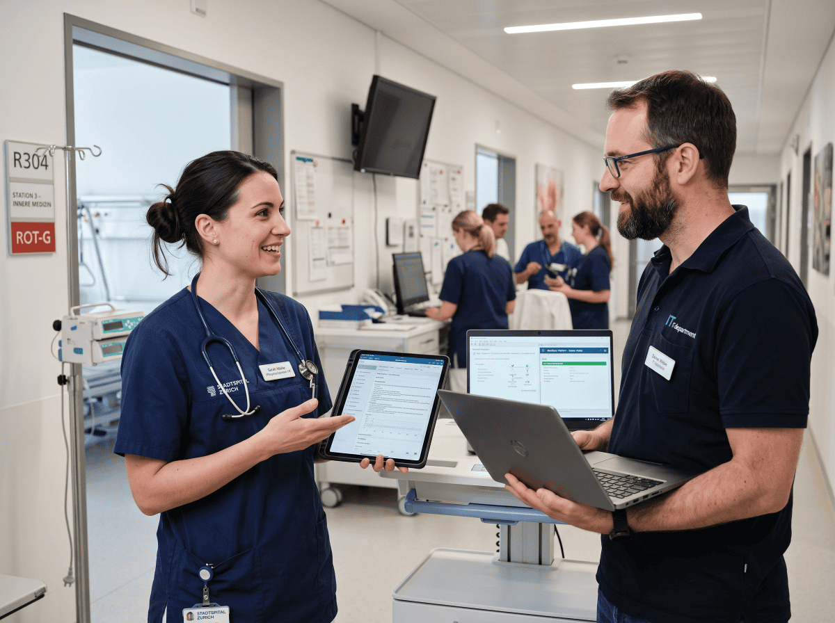 Pflegefachperson und IT-Spezialist im Gespräch