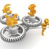 Symbolische Darstellung von Währungen und Zahnrädern für Finanzmanagement.